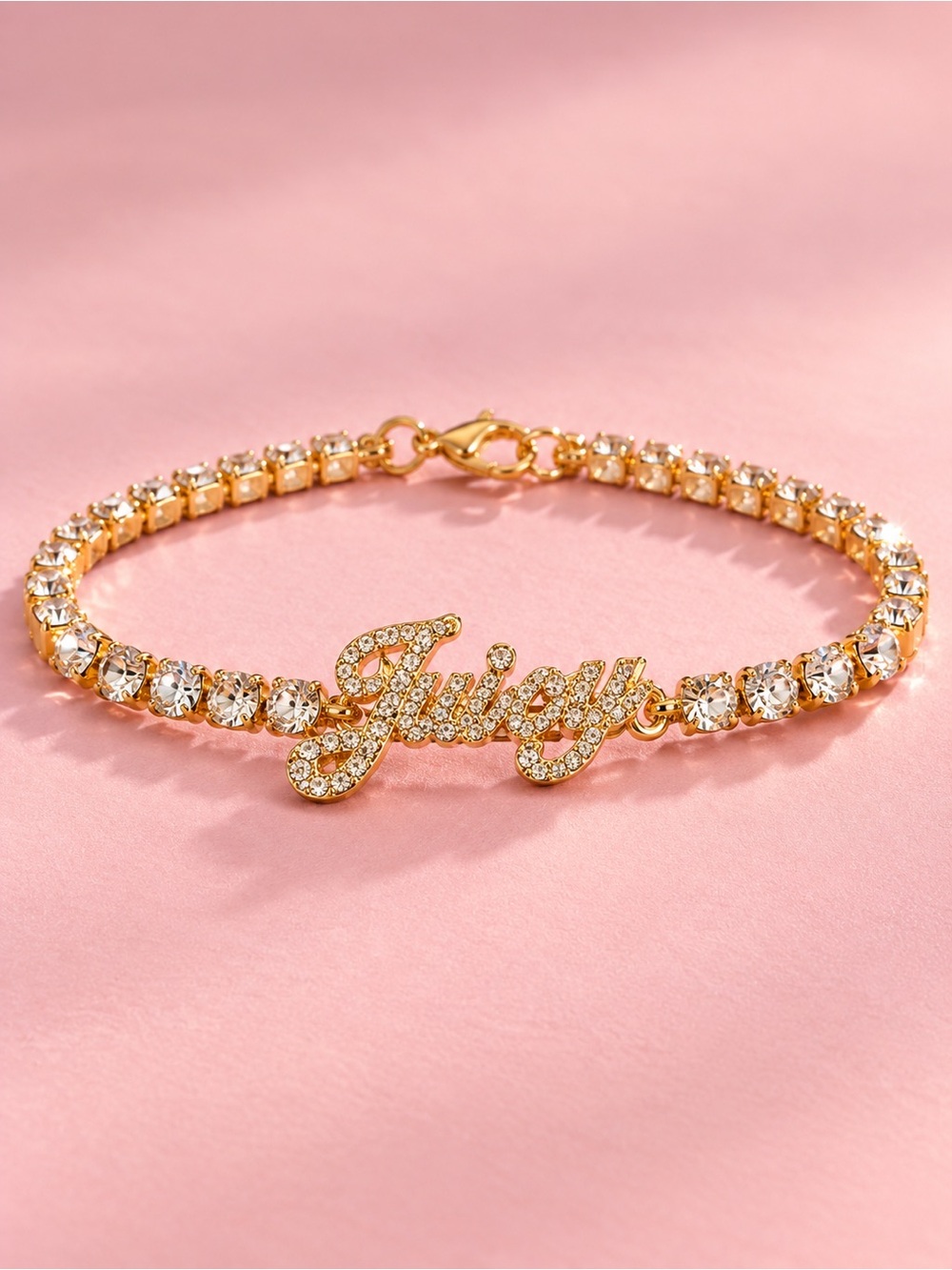 Juicy Couture Juicy Script Crystal Tennis Bracelet Gold Tone New in Gift Box - Picture 2 of 4